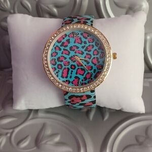 Strada Blue and Pink Leopard Print Watch with Gold Trim